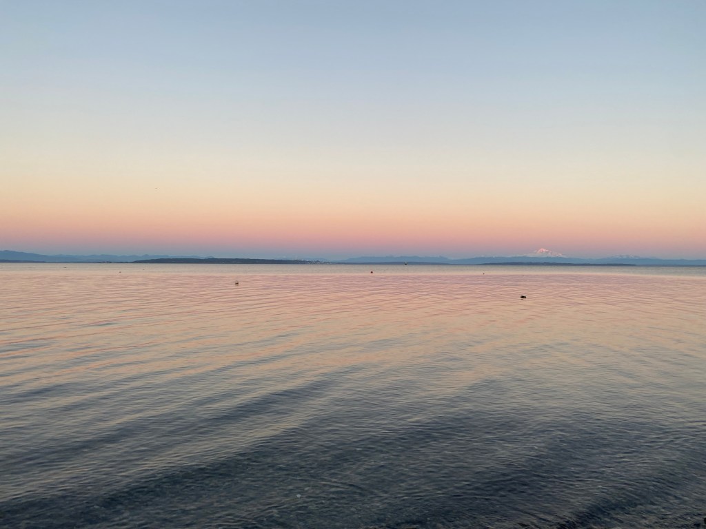 A calm bay at sunset